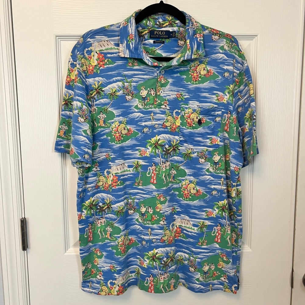 POLO RALPH LAUREN MENS TROPICAL HAWAIIAN CLASSIC FIT POCKET T SHIRT SIZE MEDIUM